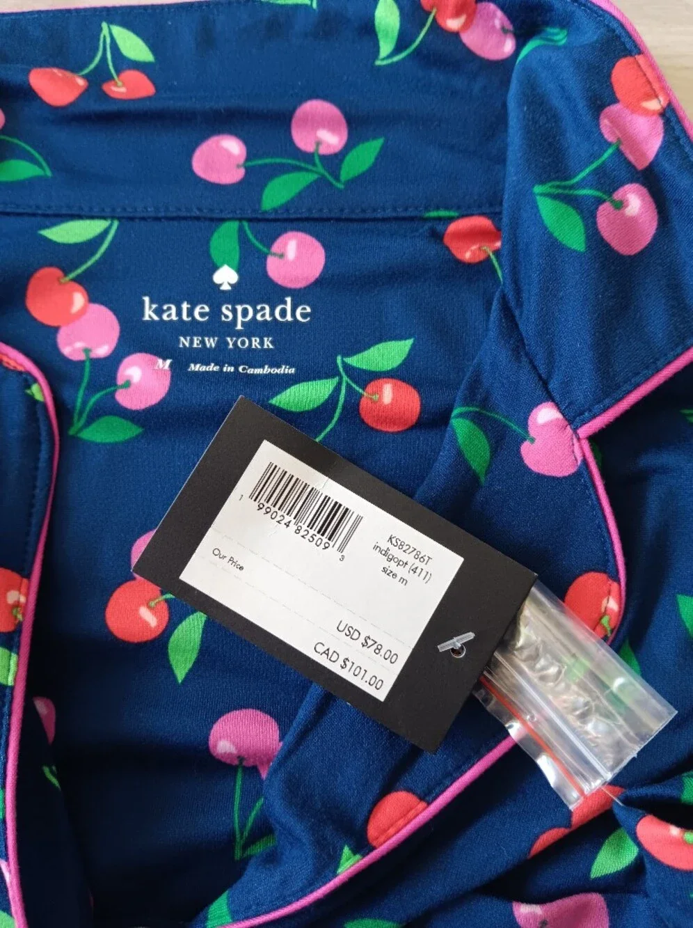 New Kate Spade Short Sleeve Pajama Pant Set Red Pink Cherries Indigo Blue Medium